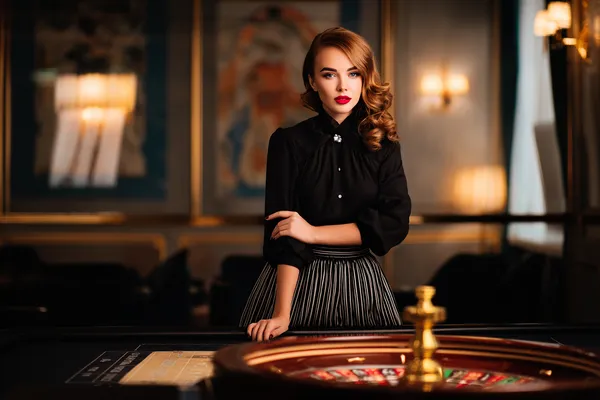 A confident dealer surrounded by casino chips inviting players to access their 21GAME account, reflecting quick and easy login options.